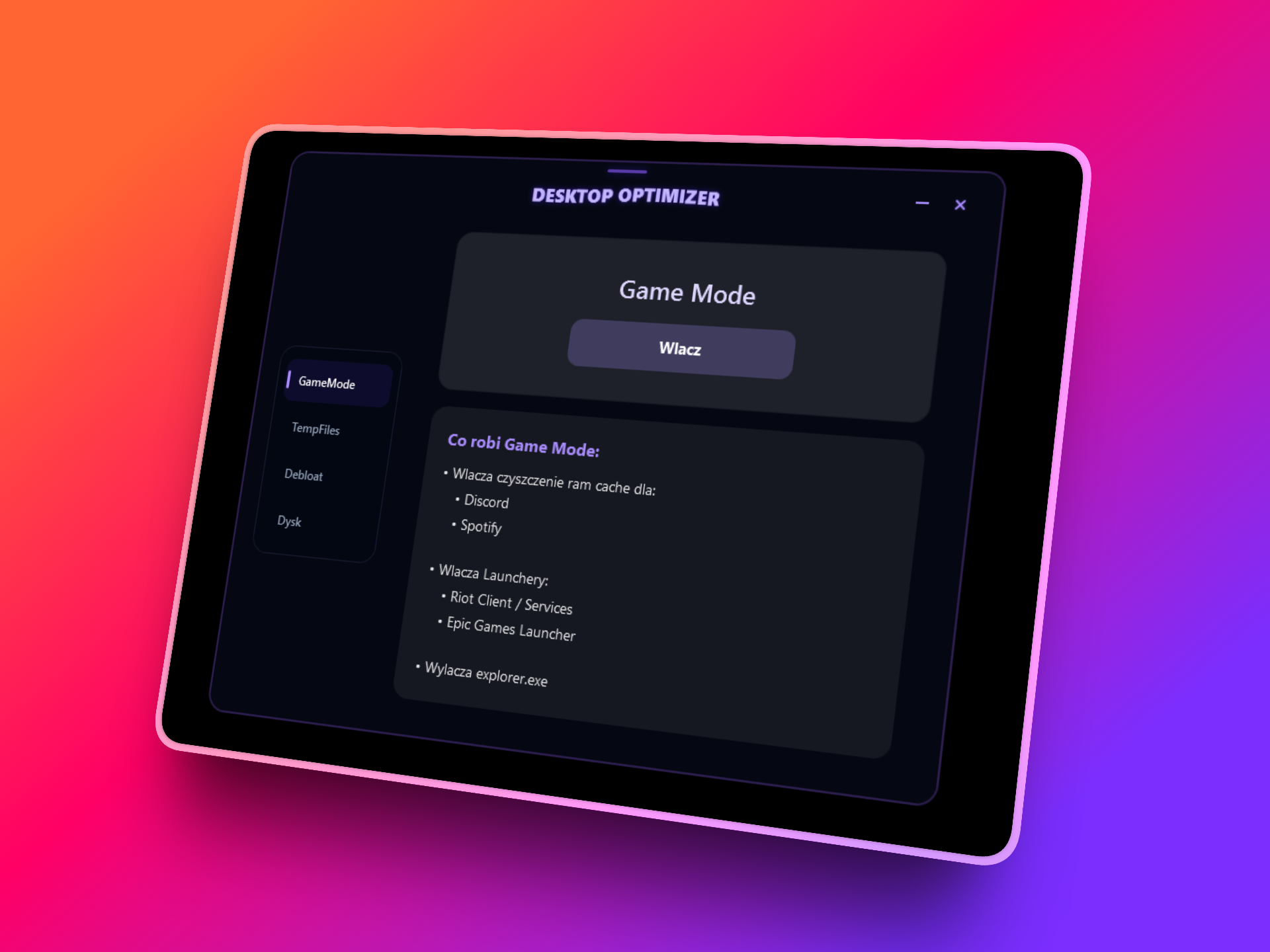 Desktop Optimizer - Podgląd aplikacji
